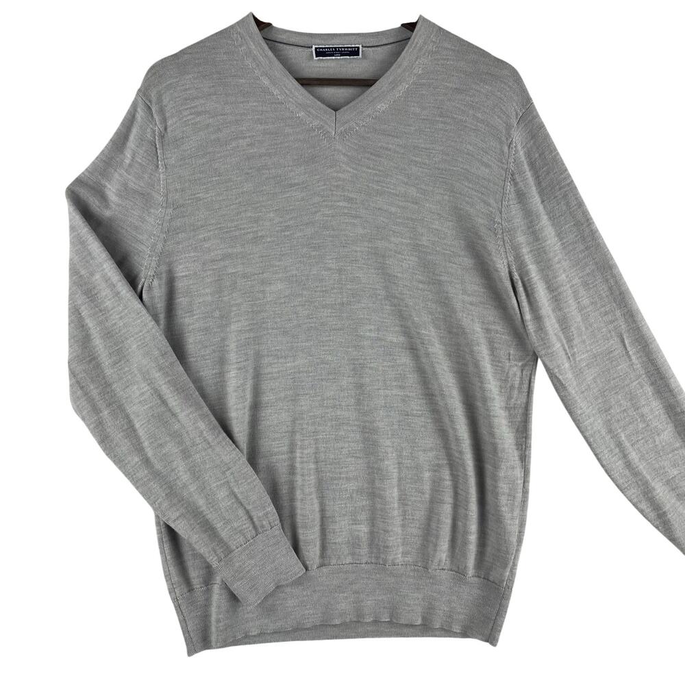 Charles Tyrwhitt Mens Merino V-Neck Sweater L Light Grey 100% Wool Pullover